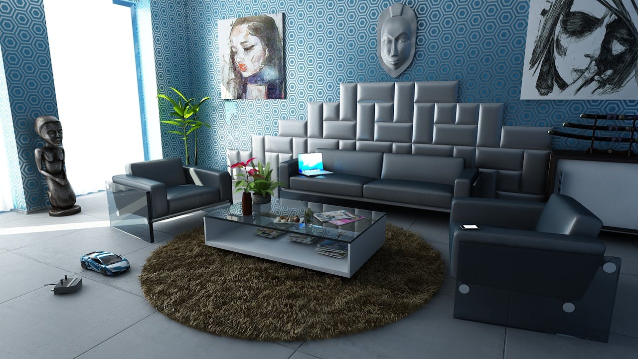gallery-04 Contemporary living room featuring sleek furniture, artistic decor, and a vibrant geometric wallpaper.