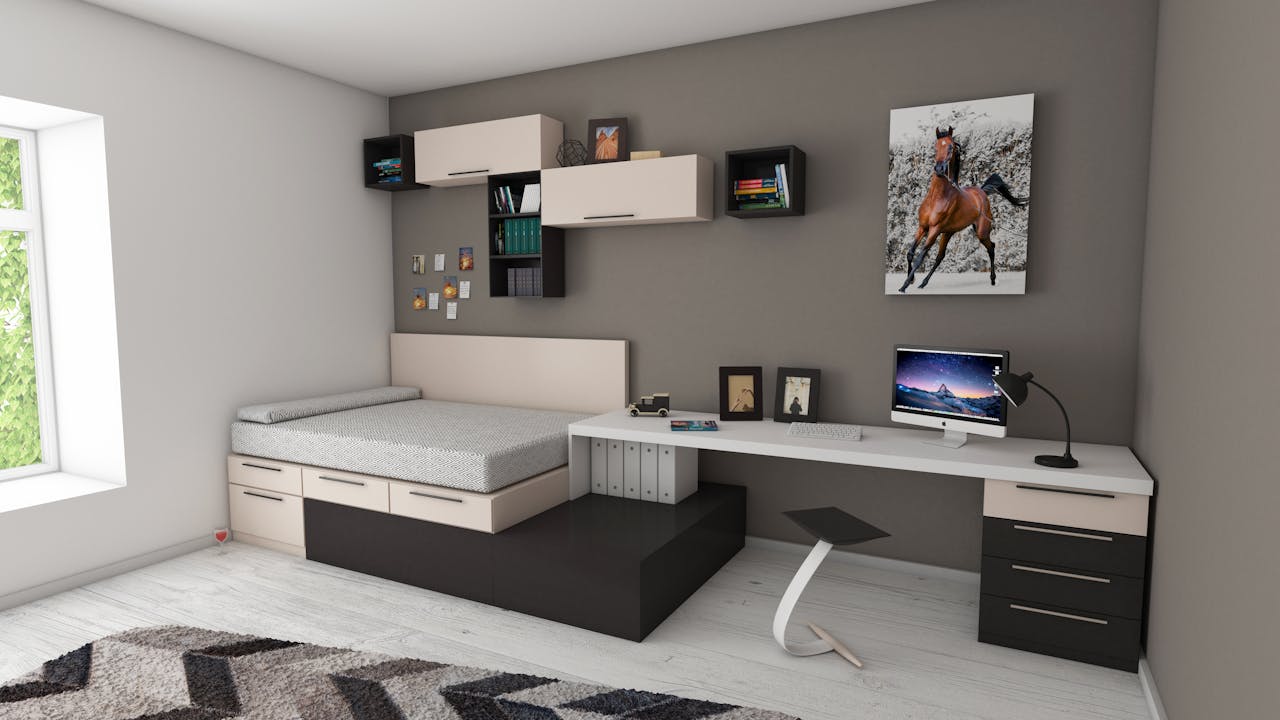 services-01 Stylish minimalist bedroom with modern furnishings and workspace area, perfect for home offices.